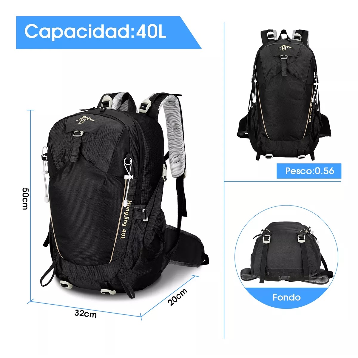Mochila De Senderismo Impermeable Montañismo Camping 40l Negro.