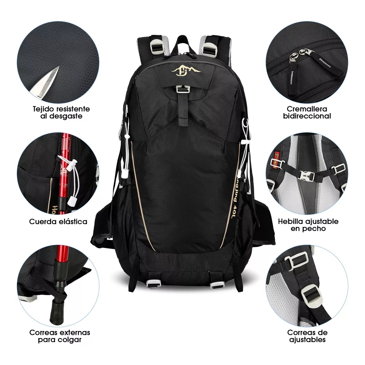 Mochila De Senderismo Impermeable Montañismo Camping 40l Negro.