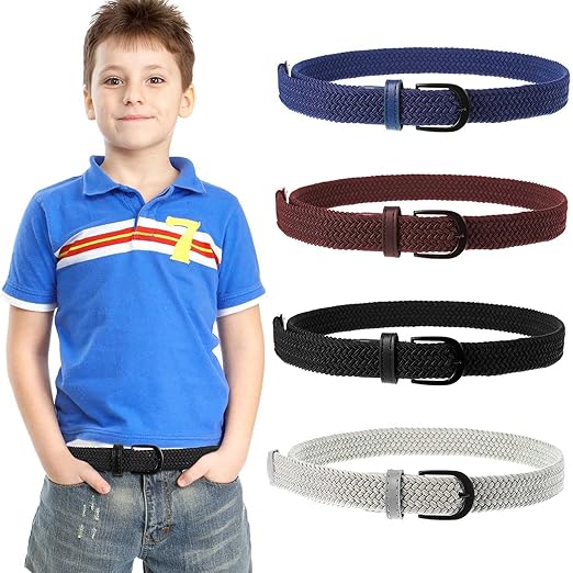 4 Cinturones Trenzados Elásticos Expandibles para Niños Cinturón Tejido Marrón Negro Azul Oscuro Gris con Hebilla de Cintura.