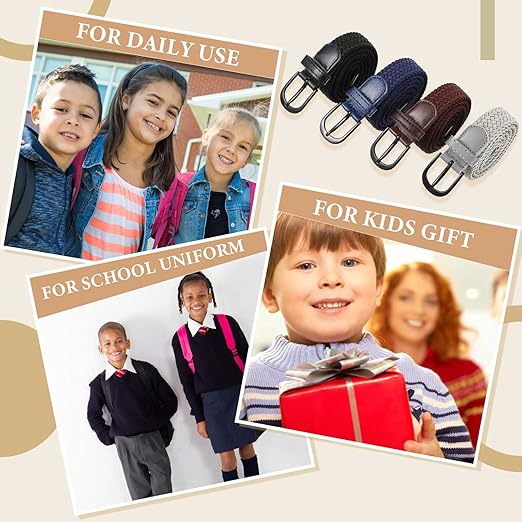 4 Cinturones Trenzados Elásticos Expandibles para Niños Cinturón Tejido Marrón Negro Azul Oscuro Gris con Hebilla de Cintura.