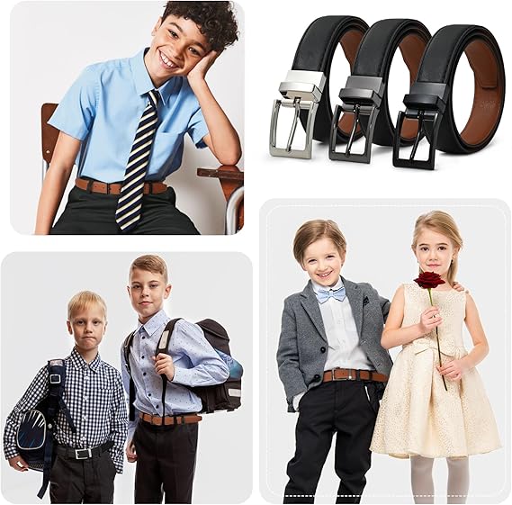 AWAYTR - Cinturones reversibles para niños - Cinturón de piel negro y café para uniforme escolar, jeans casuales.