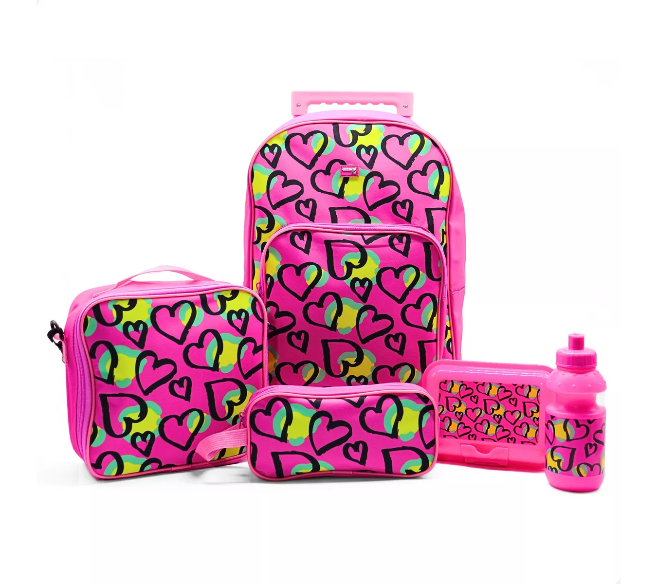 ml Mochila Escolar Kids Scratch Hearts Set Completo De 5 Piezas Backpack De Rueditas Y Porta Lunch Fucsia.