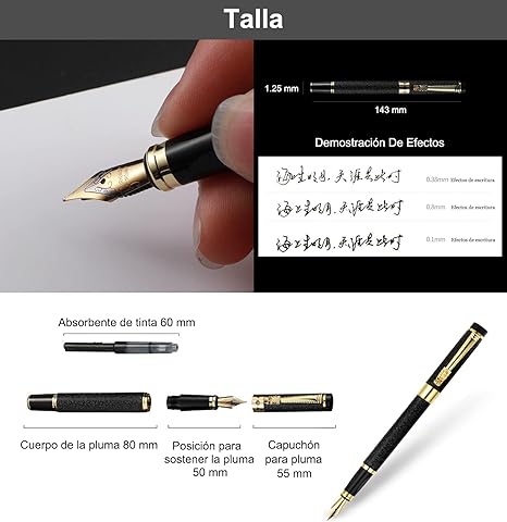 A Juego de pluma estilográfica,Pluma estilográfica ultra elegante,Punta de iridio,Incluye 3 puntas de acero de diferentes espesores,diseño clásico,con convertidor（Negro brillante）.