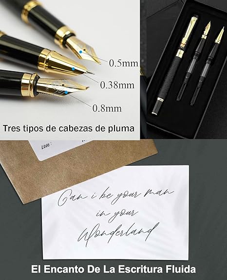 A Juego de pluma estilográfica,Pluma estilográfica ultra elegante,Punta de iridio,Incluye 3 puntas de acero de diferentes espesores,diseño clásico,con convertidor（Negro brillante）.