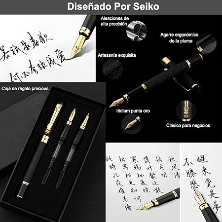 A Juego de pluma estilográfica,Pluma estilográfica ultra elegante,Punta de iridio,Incluye 3 puntas de acero de diferentes espesores,diseño clásico,con convertidor（Negro brillante）.