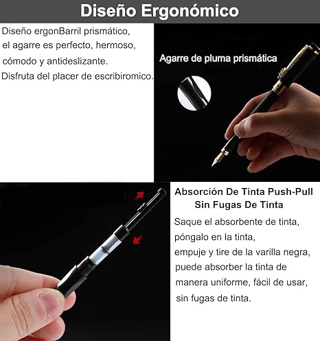 A Juego de pluma estilográfica,Pluma estilográfica ultra elegante,Punta de iridio,Incluye 3 puntas de acero de diferentes espesores,diseño clásico,con convertidor（Negro brillante）.