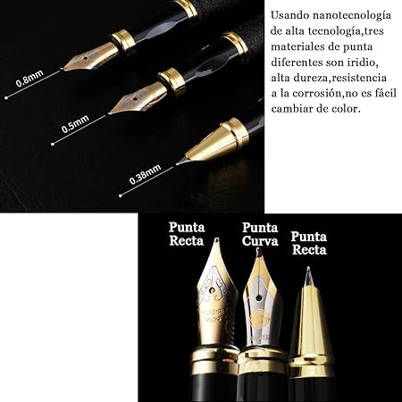 A Juego de pluma estilográfica,Pluma estilográfica ultra elegante,Punta de iridio,Incluye 3 puntas de acero de diferentes espesores,diseño clásico,con convertidor（Negro brillante）.