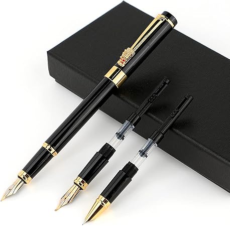 A Juego de pluma estilográfica,Pluma estilográfica ultra elegante,Punta de iridio,Incluye 3 puntas de acero de diferentes espesores,diseño clásico,con convertidor（Negro brillante）.