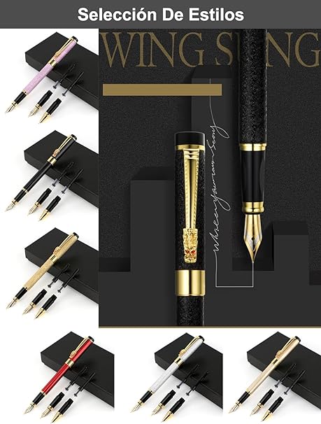 A Juego de pluma estilográfica,Pluma estilográfica ultra elegante,Punta de iridio,Incluye 3 puntas de acero de diferentes espesores,diseño clásico,con convertidor（Negro brillante）.
