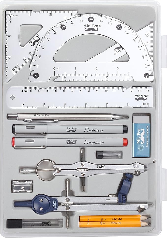 A Mr. Pen - Juego de geometría profesional, 15 piezas, kit de geometría para artistas y estudiantes, conjunto de geometría, reglas y brújulas, herramientas de dibujo, suministros de dibujo.