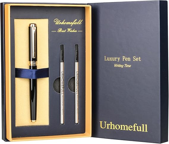 A Urhomefull Impresionante bolígrafo de lujo con ribete de oro de 24 quilates, punta de Suiza con recambios de tinta negra, juego de regalo perfecto para hombres y mujeres, juego de escritura elegante para negocios, negro brillante.