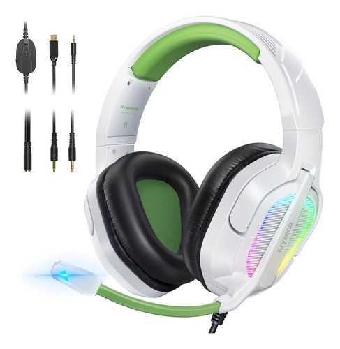 Auriculares Para Juegos Con Cancelación De Ruido Krysenix Color Blanco Luz Verde Claro.