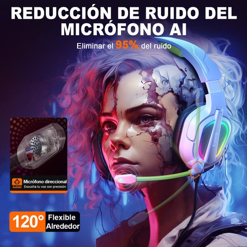 Auriculares Para Juegos Con Cancelación De Ruido Krysenix Color Blanco Luz Verde Claro.