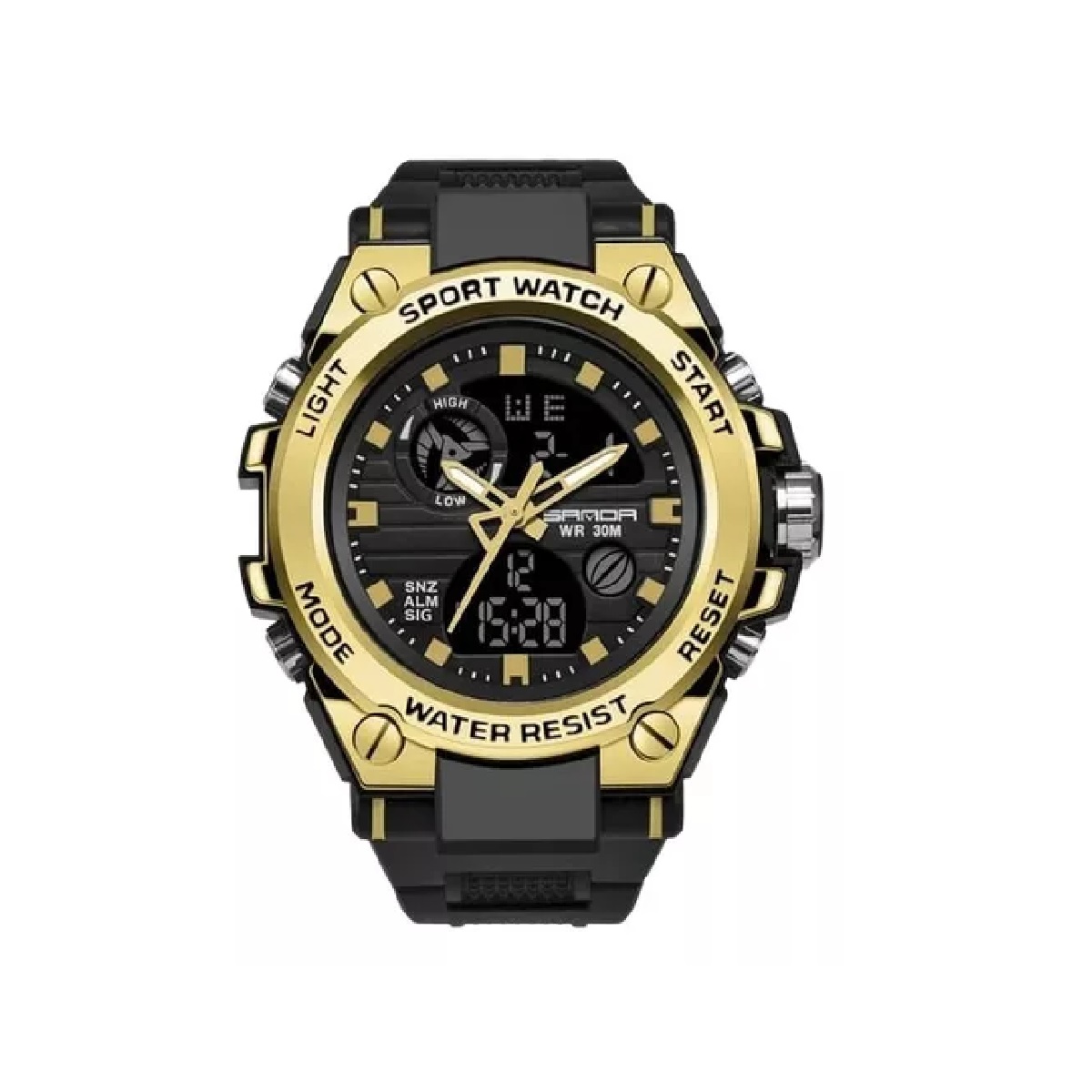 Reloj Pulsera Sanda 739 Unisex Sport Correa Negro Bisel Negro Fondo Dorado.