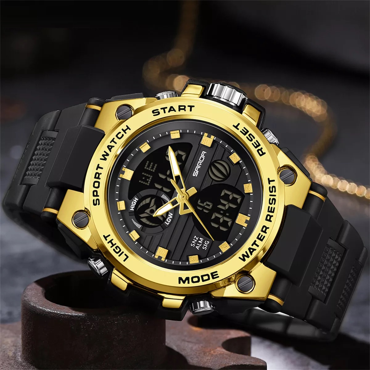 Reloj Pulsera Sanda 739 Unisex Sport Correa Negro Bisel Negro Fondo Dorado.