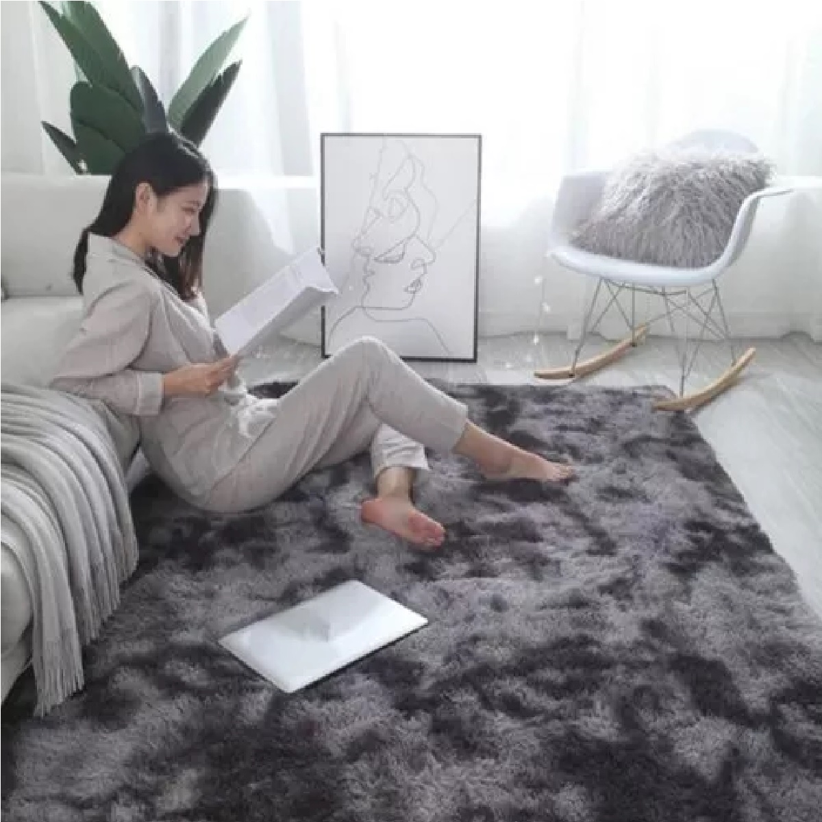 Alfombra Decorativa Sala De Estar Y Dormitorio Gris oscuro.