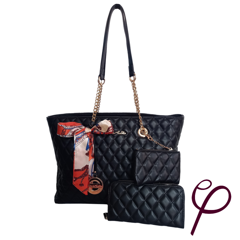 Bolsa tote c/ cartera y monedero Frida Kahlo Negro acolchada con pañuelo.