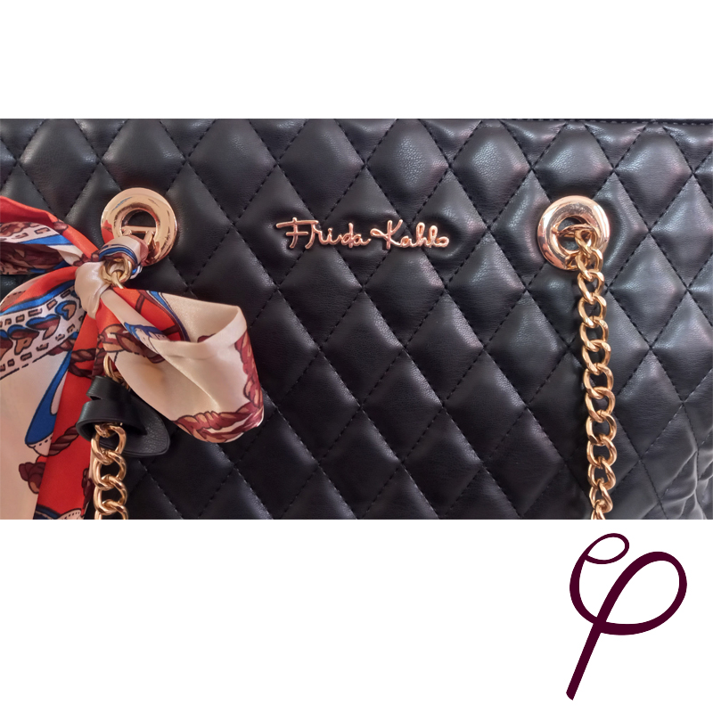 Bolsa tote c/ cartera y monedero Frida Kahlo Negro acolchada con pañuelo.