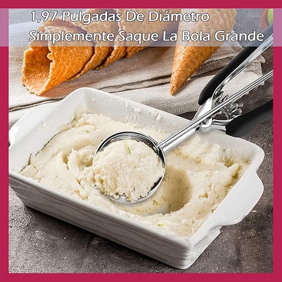 A Cucharada de Helado,Cuchara Grande para Helado con Resorte de Acero Inoxidable de 2 ", Cuchara para Helado con Mango de Silicona, Adecuada para Frutas, Helados, Postres, Hornear, Cocina (Rojo).