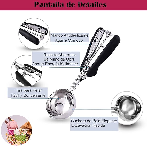 A Cucharada de Helado,Cuchara Grande para Helado con Resorte de Acero Inoxidable de 2 ", Cuchara para Helado con Mango de Silicona, Adecuada para Frutas, Helados, Postres, Hornear, Cocina (Rojo).