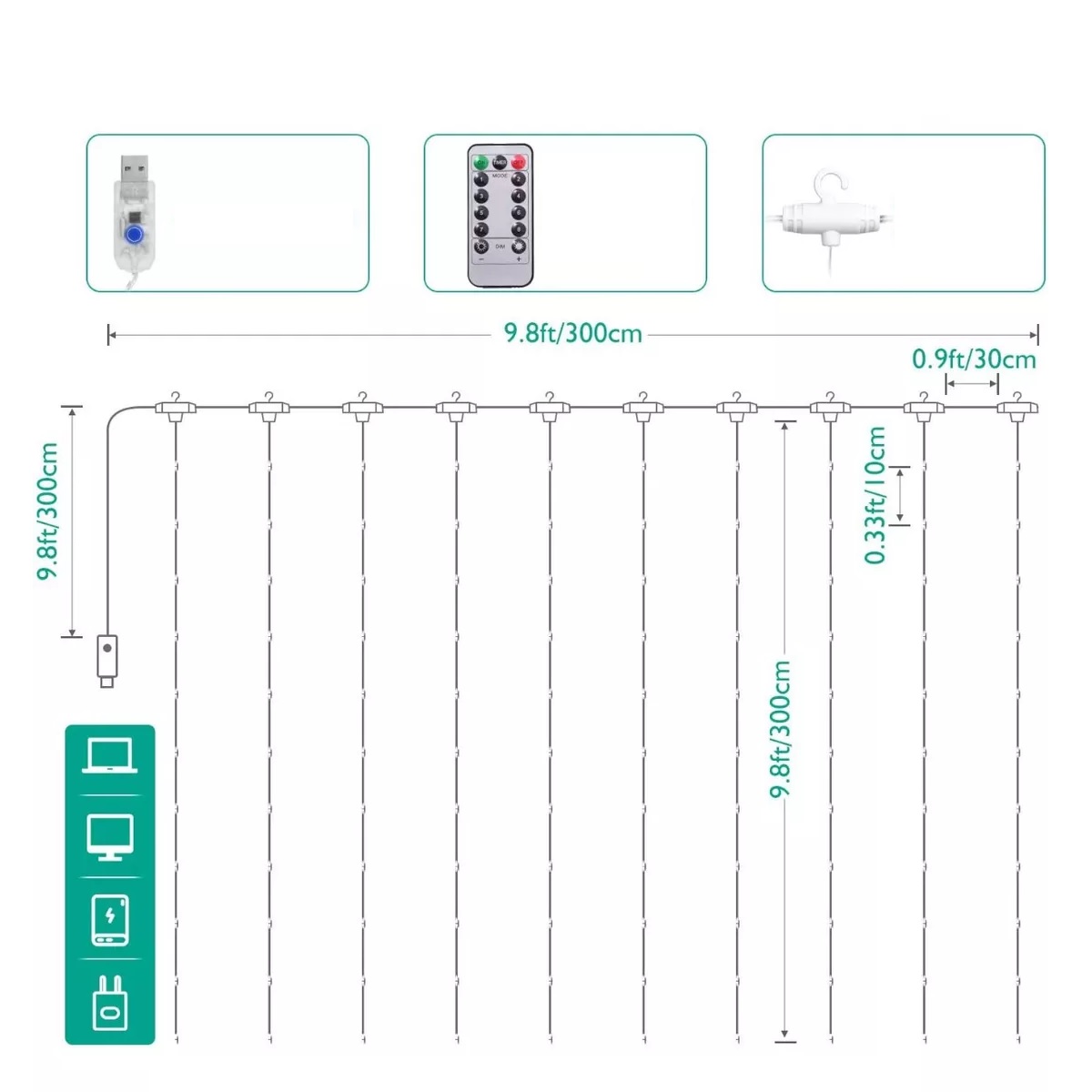 Cortinas Serie Luces 300 Led Decorativas Usb 3x3m 2 Piezas.