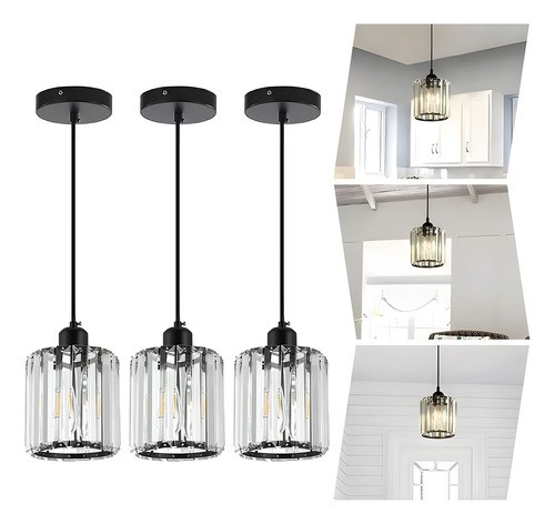 Lámpara Colgante Techo Cristal Moderna Decorativas 3 Piezas Redondo negro.