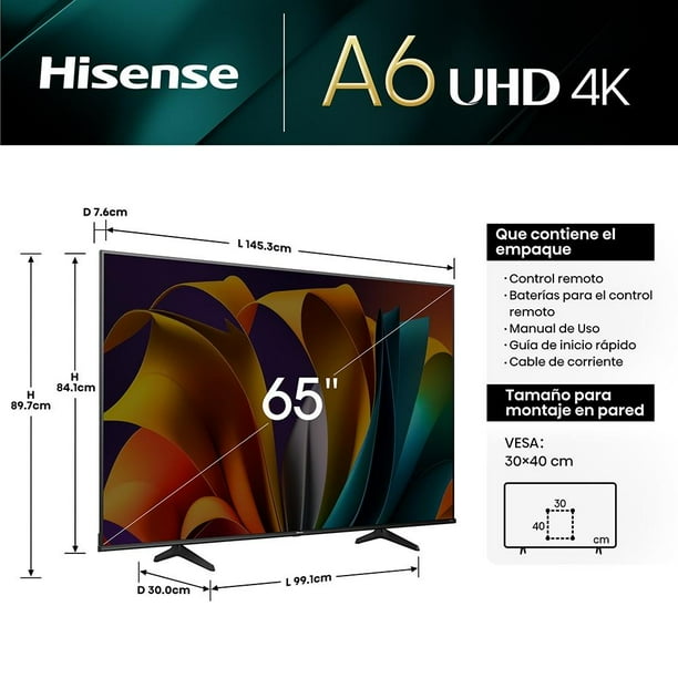 Pantalla Hisense 65 Pulgadas 4k Ultra Hd Smart Tv Led 65a6nv.