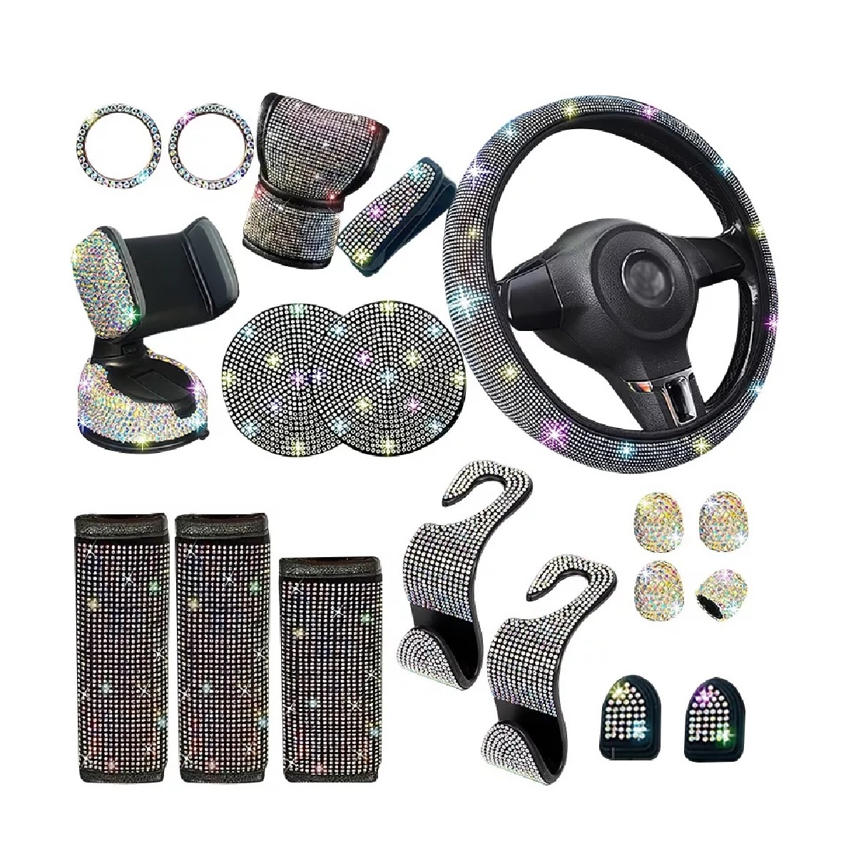 Funda De Volante Con Accesorios De Mujer Para Auto, 19 Pzas Colorful Diamond.