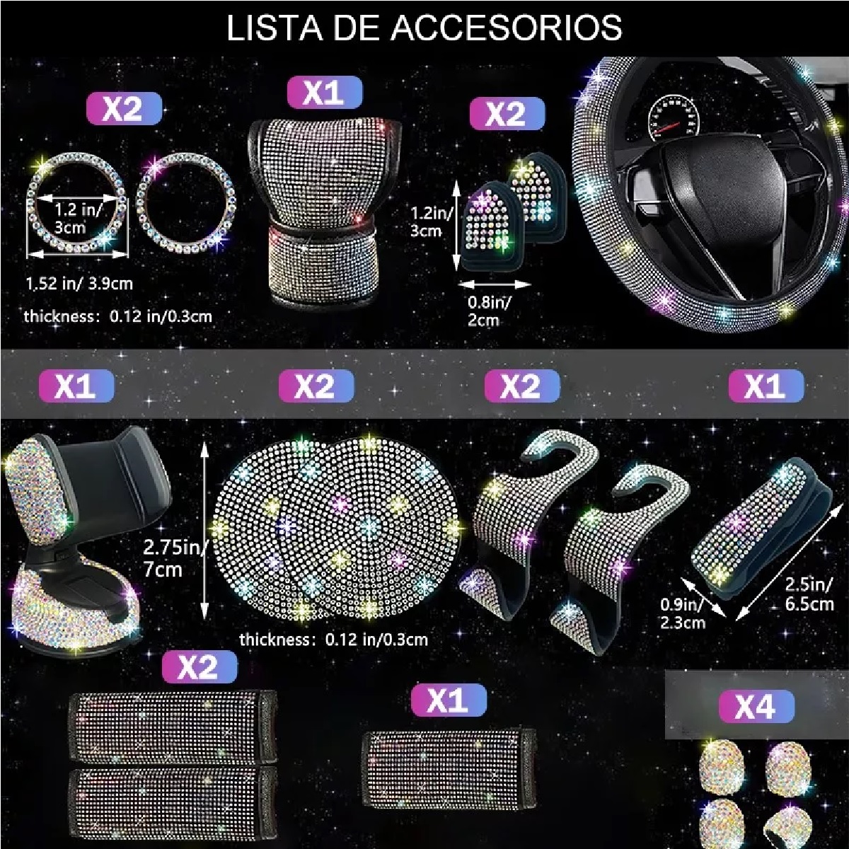 Funda De Volante Con Accesorios De Mujer Para Auto, 19 Pzas Colorful Diamond.