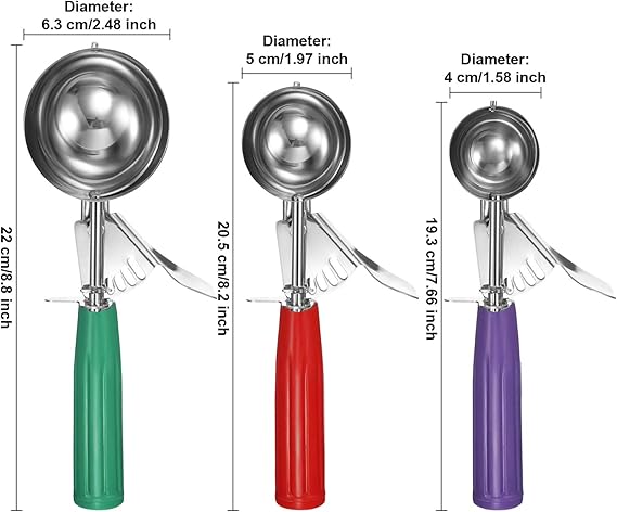 A GuDoQi Cucharas de Helado, 3 Tamaño (4cm 5cm 6cm), Acero Inoxidable de Grado Alimenticio, Cucharas para Excavar Fruta, Bolitas de Espinaca, Cuchara para Magdalena, Helados DIY.