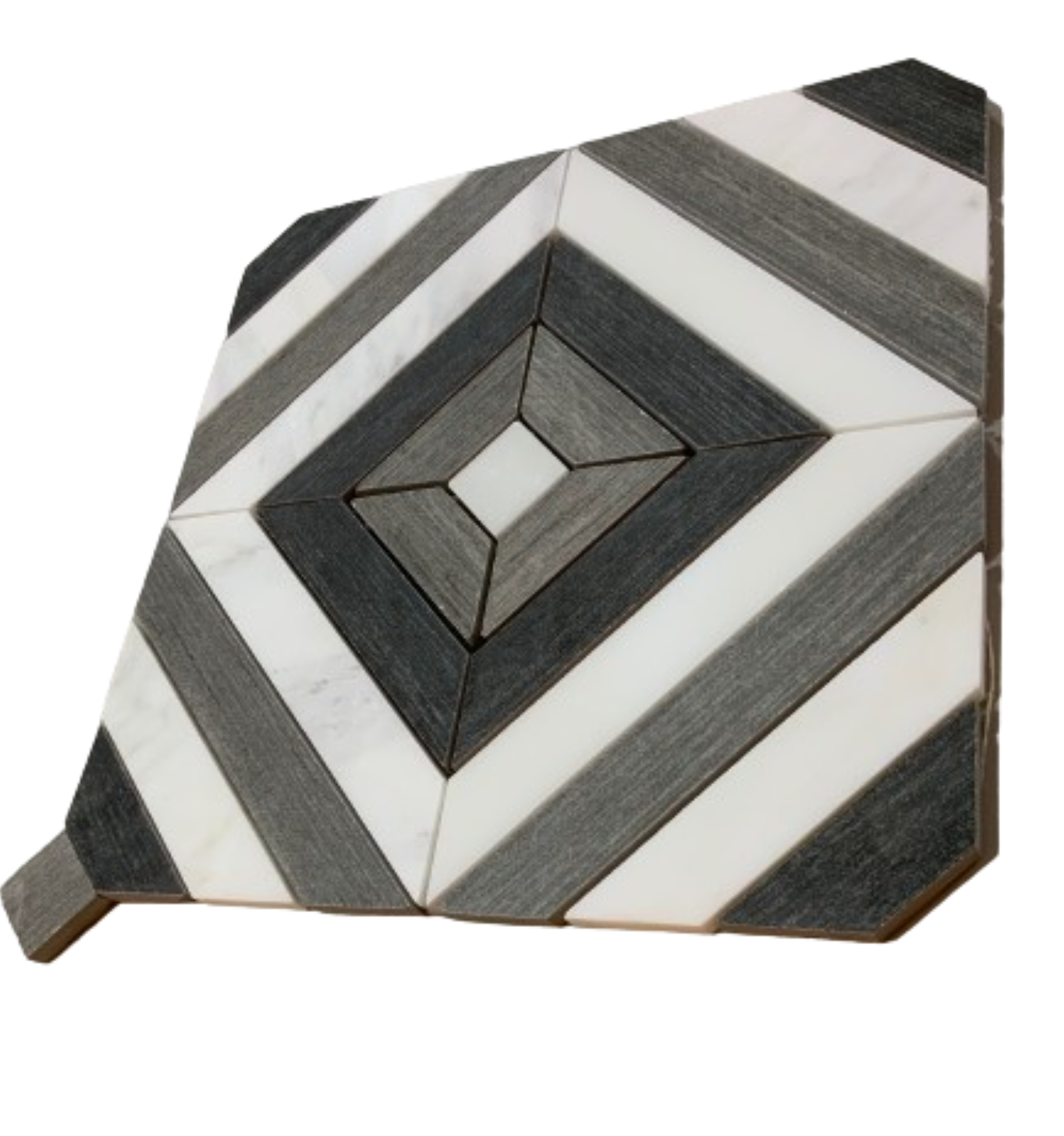 Malla o Mosaico Decorativo de Mármol TRA medida 30x30 Cms (base por altura) Color gris y blanco con diseño en rombos.  Caja de 5 piezas.