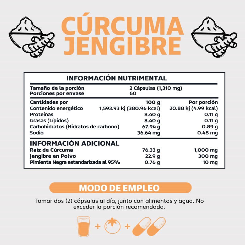 Suplemento Alimenticio Beyond Vitamins  Cúrcuma, Jengibre con Pimienta Negra 60 Cápsulas.