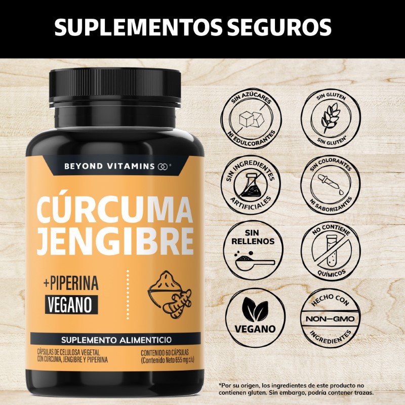 Suplemento Alimenticio Beyond Vitamins  Cúrcuma, Jengibre con Pimienta Negra 60 Cápsulas.
