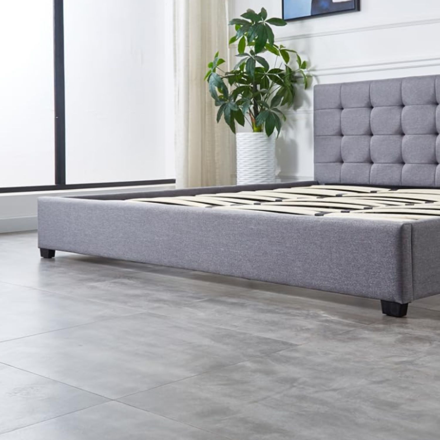 Ilios Innova | Base para Cama Fabricada en Madera tamaño Matrimonial con cabecera tapizada en Lino | 