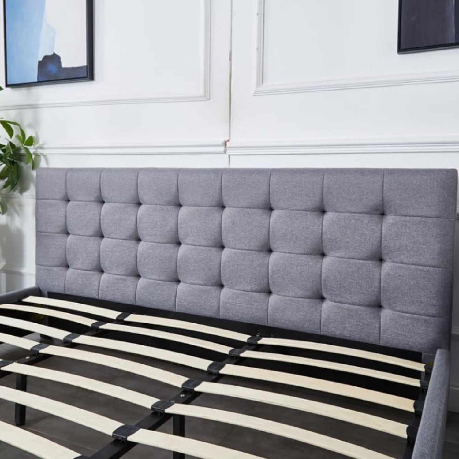 Ilios Innova | Base para Cama Fabricada en Madera tamaño Matrimonial con cabecera tapizada en Lino | 