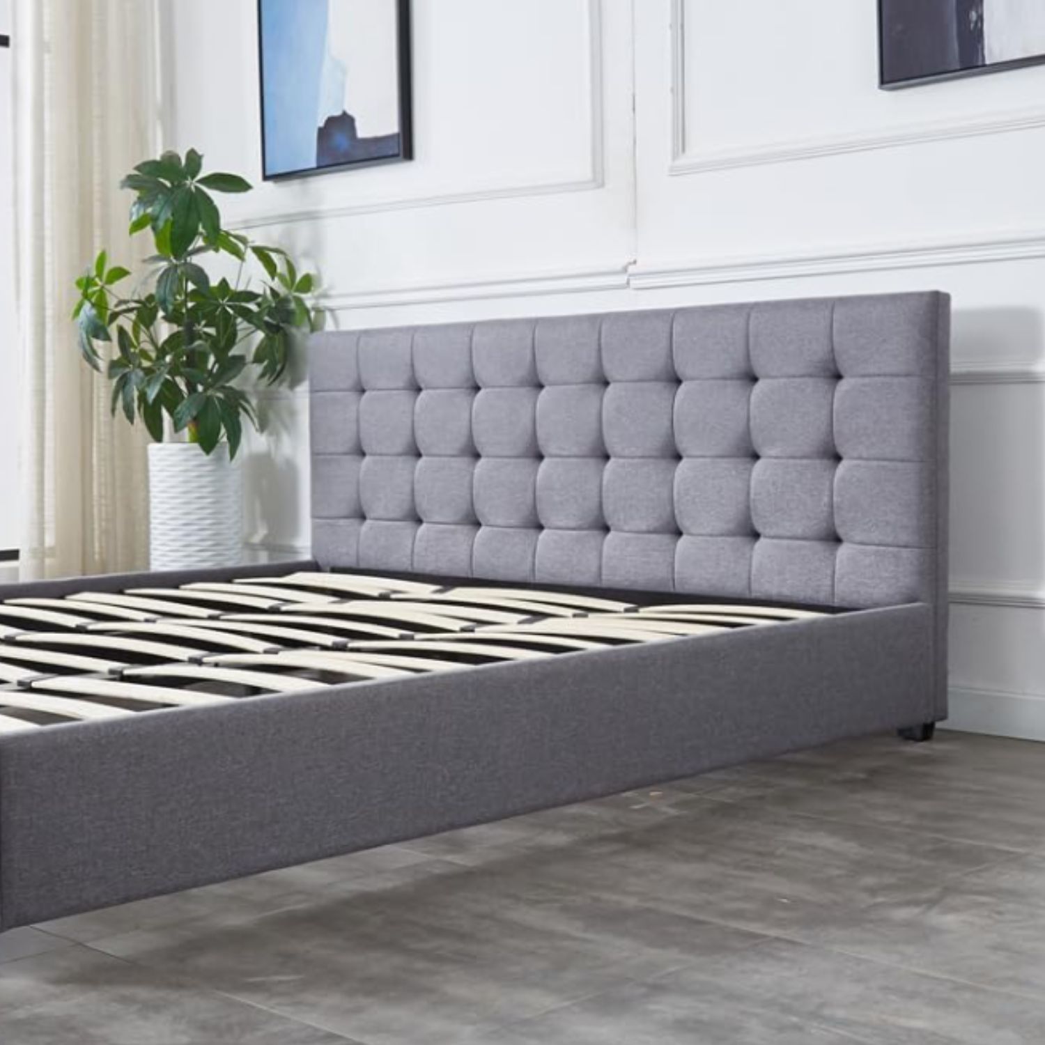 Ilios Innova | Base para Cama Fabricada en Madera tamaño Matrimonial con cabecera tapizada en Lino | 