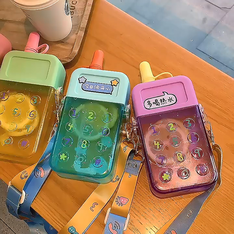 Cantimplora Niños Celular Correa Escuela Agua Botella 300ml Verde .