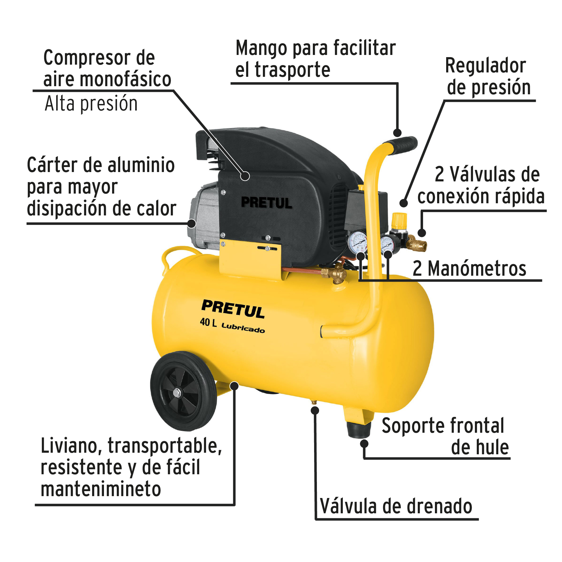 Kit Compresor de aire Pretul 40L 3HP manguera y pistola 22066 amarillo
