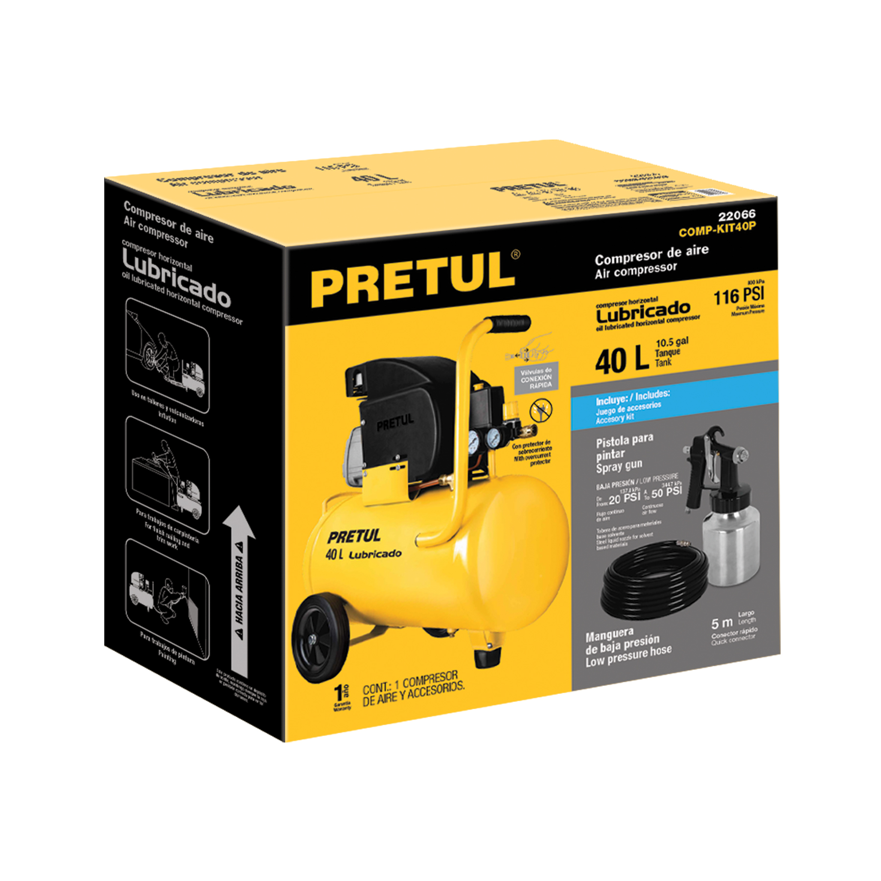 Kit Compresor de aire Pretul 40L 3HP manguera y pistola 22066 amarillo