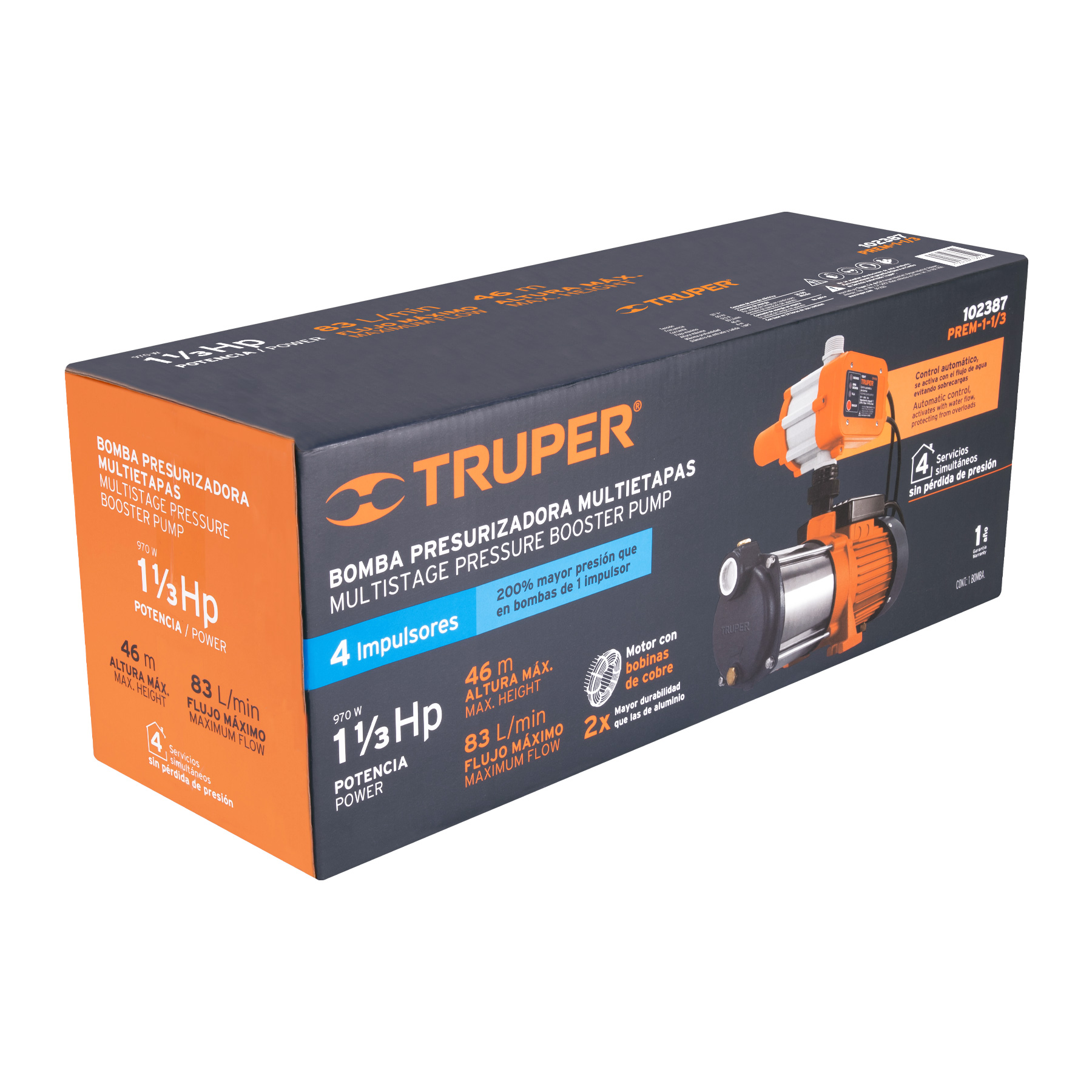 Bomba presurizadora multietapas Truper 1 1/3 HP con control 102387 naranja