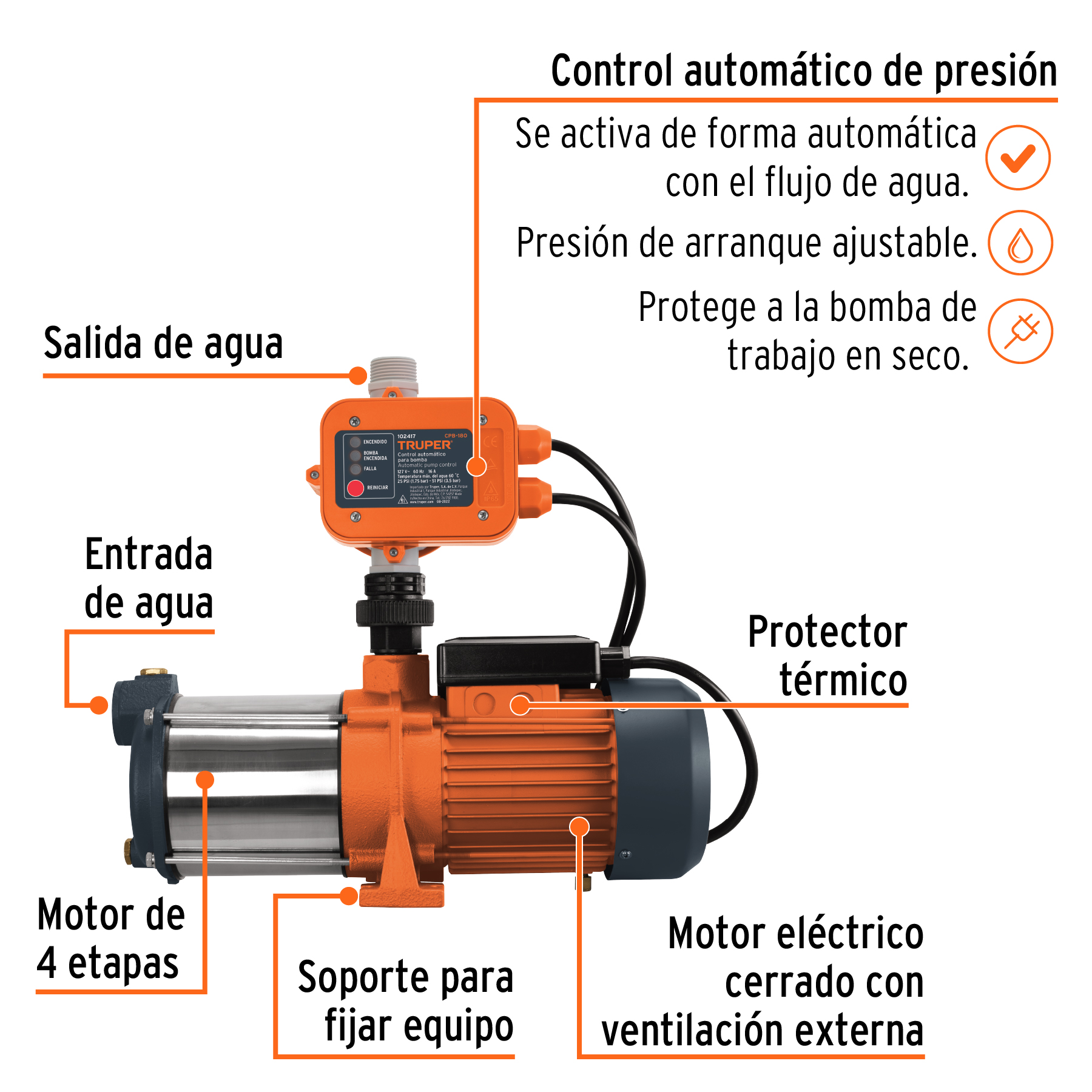 Bomba presurizadora multietapas Truper 1 1/3 HP con control 102387 naranja