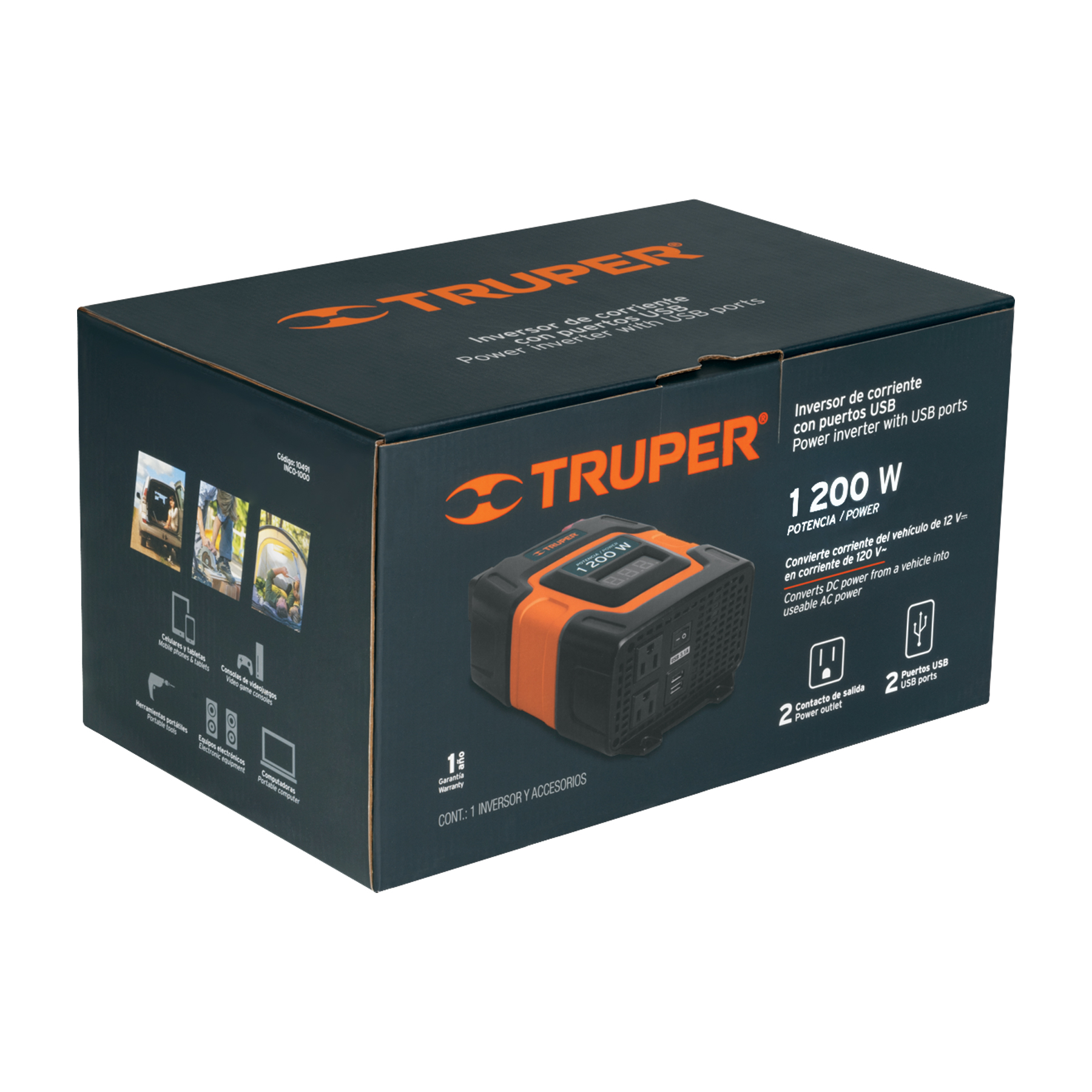 Inversor de corriente Truper de 1200 W con puertos USB 10491 naranja