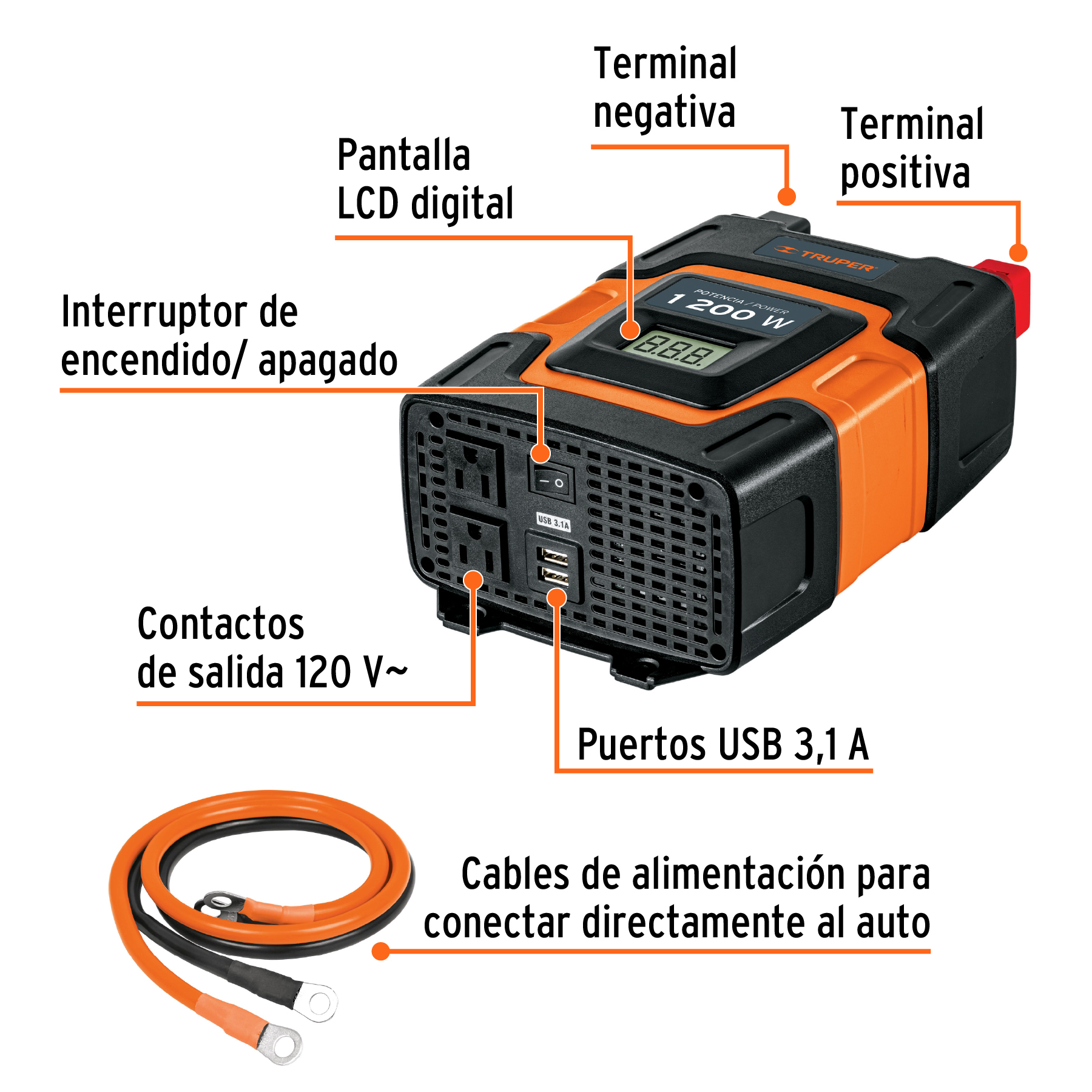 Inversor de corriente Truper de 1200 W con puertos USB 10491 naranja