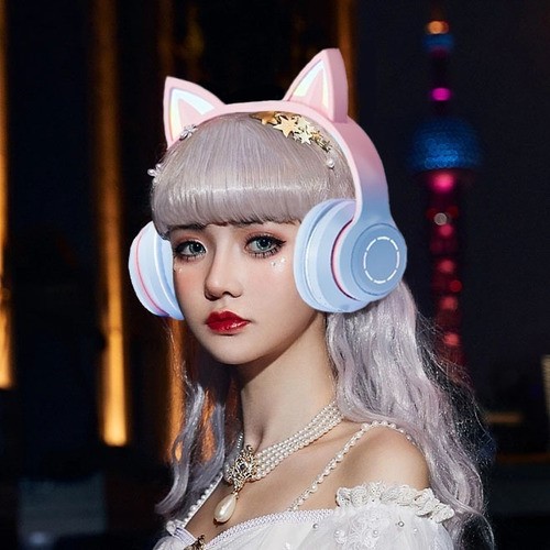 Audífonos Orejas De Gato Yr-008 Bluetooth Led Diadema Ninos morado.
