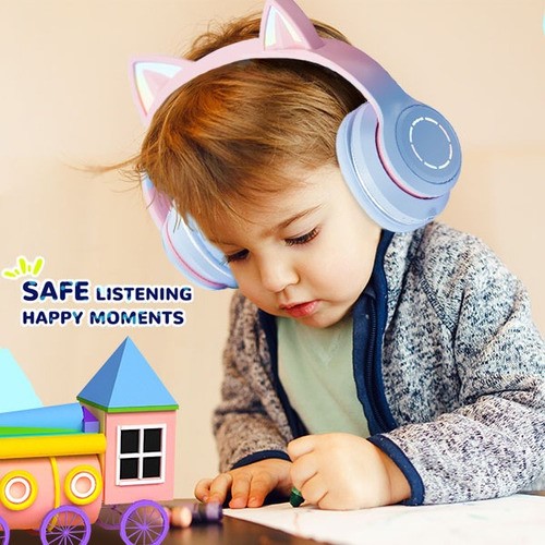 Audífonos Orejas De Gato Yr-008 Bluetooth Led Diadema Ninos morado.