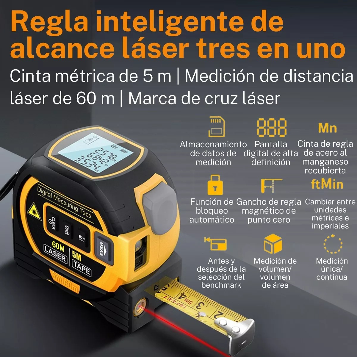 Medidor Láser De 60 Metros Con Cinta Métrica 2 En 1.