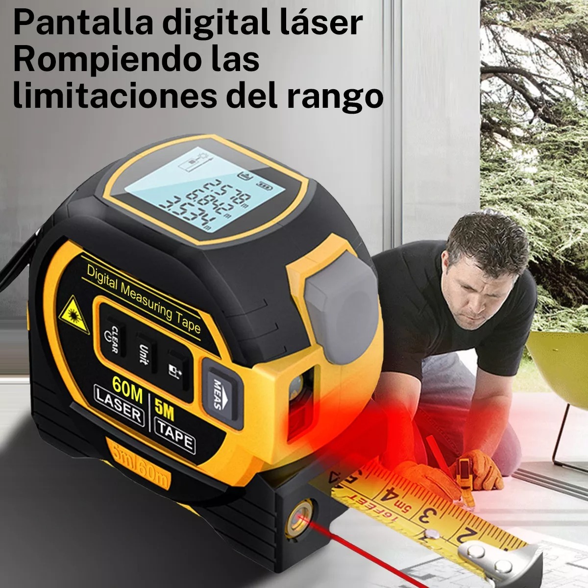 Medidor Láser De 60 Metros Con Cinta Métrica 2 En 1.