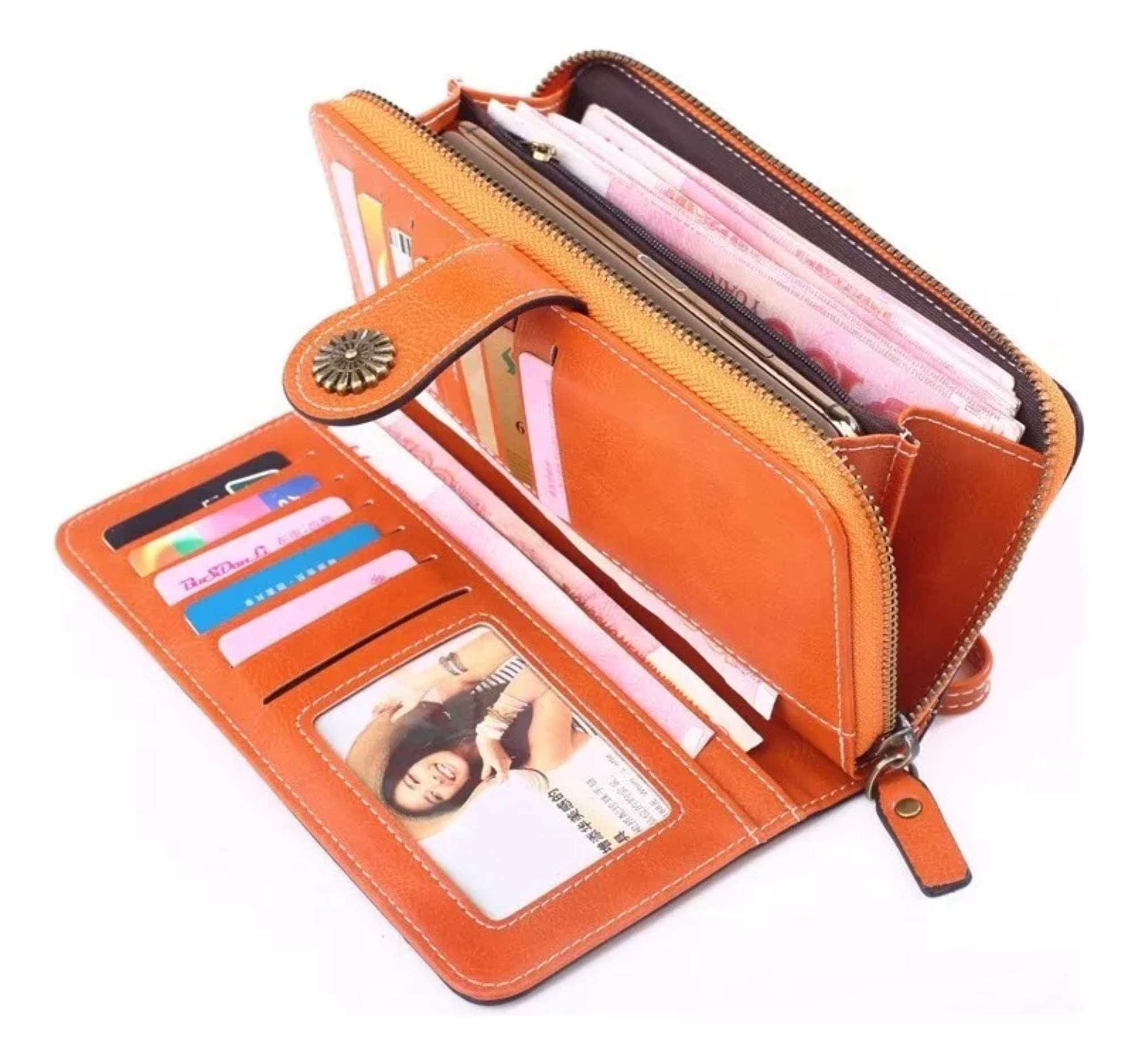 Cartera Mujer Cuero Gran Capacidad Monederos Para Dama Color Naranja.