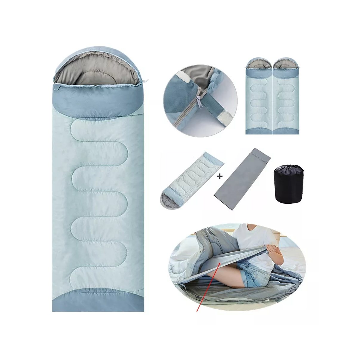 Bolsa De Dormir Para Acampar Forro Extraíble Saco De Dormir Azul Claro Izquierda.