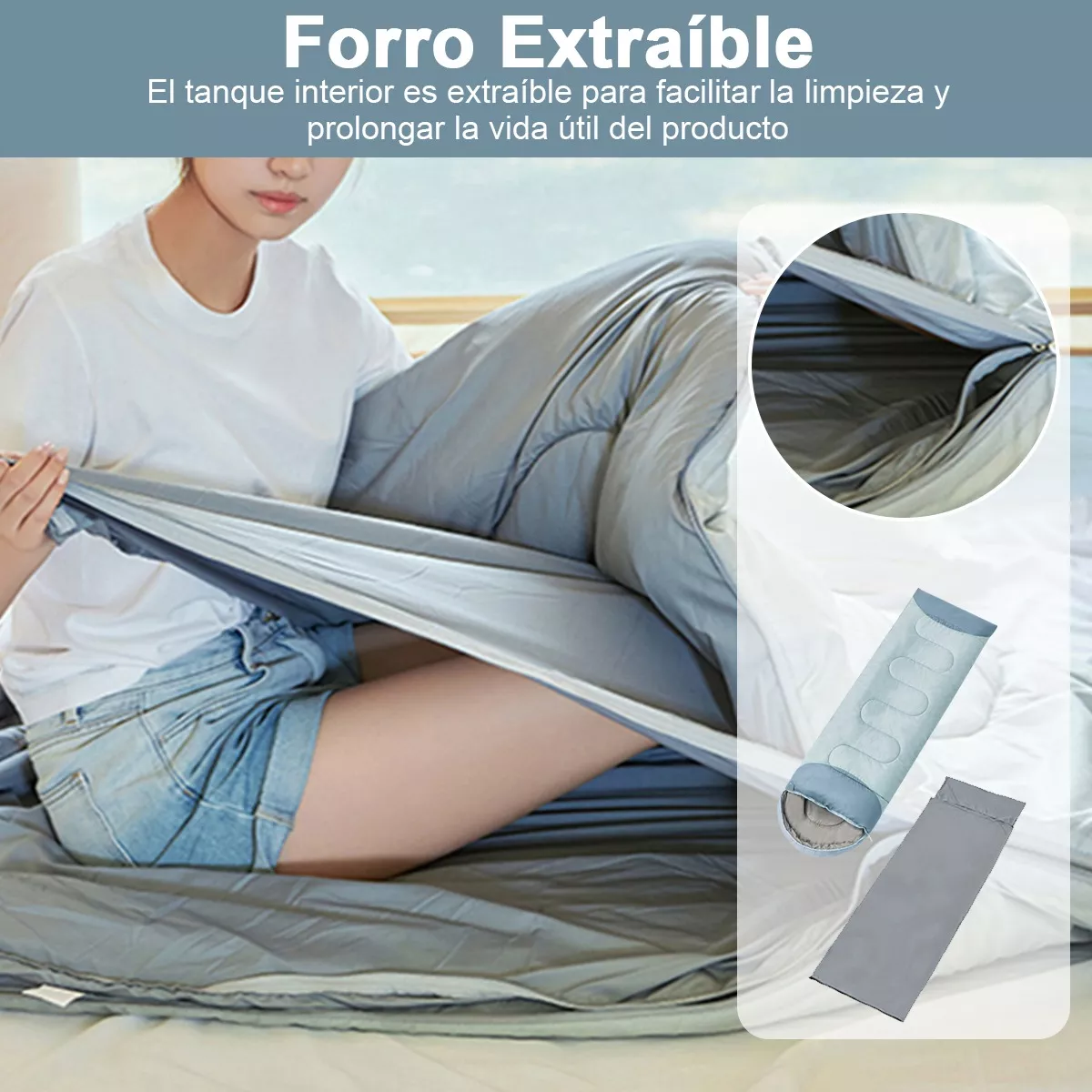 Bolsa De Dormir Para Acampar Forro Extraíble Saco De Dormir Azul Claro Izquierda.
